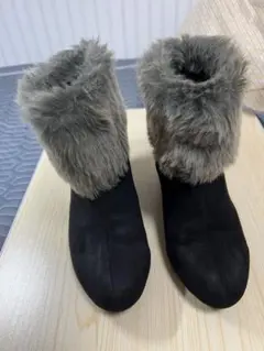 ファー付き黒ショートブーツ LLサイズ zipper