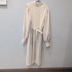 韓国風アイボリー 長袖ニットワンピース