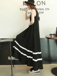 黒 ワンピース ロング丈 Aライン 白ボーダー 韓国 体型カバー レディース