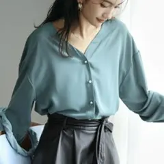 SAISONDEPAPILLON Vネックシフォンブラウス　Lサイズ　グリーン