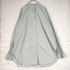 ルノンキュール ストライプ長袖シャツ グレー水色 シャーリング裾 オーバーサイズ