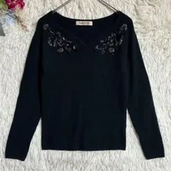 【アプワイザーリッシェ 】ビジューVネックリブニット 黒 2 レーヨン混