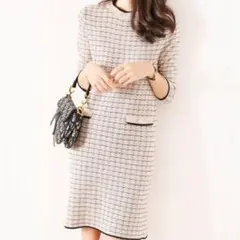 ニットワンピース　チェックワンピ　ニット　ニットワンピース　エレガントワンピース