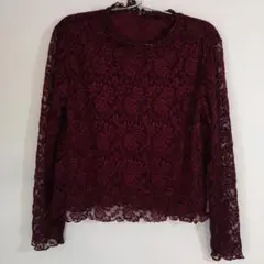 バーガンディ レース 長袖 トップス L