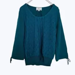 組曲 レース切替 ニット トップス 七分袖 グリーン 袖リボン 上品 通勤