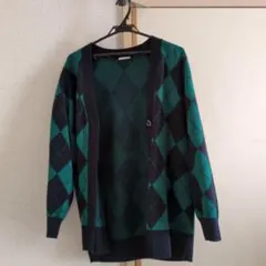 アーガイル柄 緑と黒 カーディガン Sサイズ