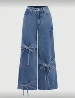 デニム　ロング　パンツ　リボン　ブルー　青　フレア　ミニー　パルパルーザ　コーデ