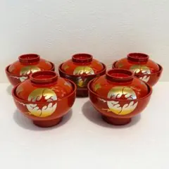 未使用 輪島塗 箸洗い椀 5客セット 小吸物椀 松茸網目蒔絵 蓋付き
