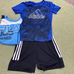 adidas 青色迷彩柄 Tシャツ & 黒ショートパンツ セット 130