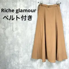 Riche glamour ベルト付き ロングフレアスカート キャメル 麻風