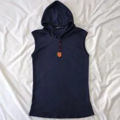ストリート【オーバーサイズ 2XL】ノースリーブパーカー ネイビー リブ編み