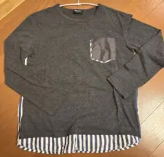 コムサイズム　長袖カットソー グレー ストライプ裾付き