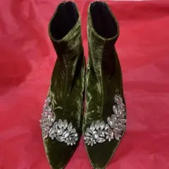 オリーブグリーン ベルベット ショートブーツ