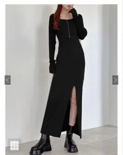 新品未使用　スクエアネックスリットリブニットロングワンピース[k9273d] M