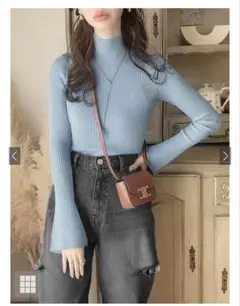 新品未使用品リブ編みライトブルータートルネックセーター