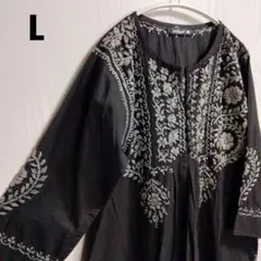 インド手仕事 チカンカリ コットンチュニック 黒 クルタ インド【6S-49】のサムネイル