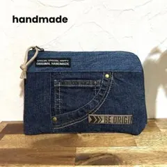 921.デニムリメイク　L型ファスナーポーチ　マルチポーチ プレート柄