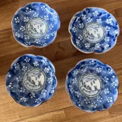 古伊万里長春銘】染付 風景図 茶碗・小皿 骨董 アンティーク5点セット