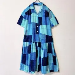 青系　パッチワーク風 半袖シャツワンピース レトロ 海外古着 膝丈　春夏