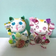 デコ招き猫 グリーン ピンク 置物 2個セット