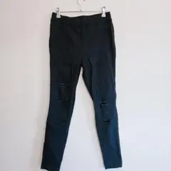ブラック ダメージ加工 スキニーパンツ ウエストゴム