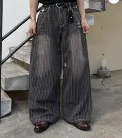 【最安値‼️】ストライプヴィンテージウォッシュバギーデニム