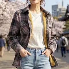 【新品】裏ボア チェック柄シャツジャケットピンク グレー 裏起毛 防寒 羽織り