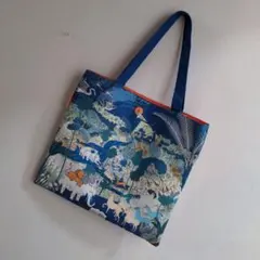 【新品】♥動物イラストスカーフ柄 ネイビーブルー トートバッグ