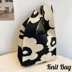 ミニトート ニットバッグ サブバッグ トートバッグ 花 白 黒 プレゼント