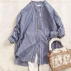 極美品　SHIPS any REPREVE バンドカラーシャツ　ストライプ