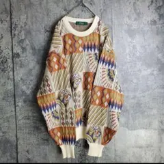古着 サマーニット 総柄 リネン混 ニット ベージュ マルチカラー ゆるだぼ