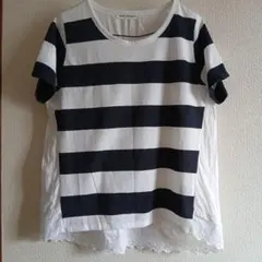 B.L.U.E. 半袖Tシャツ 　ボーダー　レース裾　紺　透け感のサムネイル