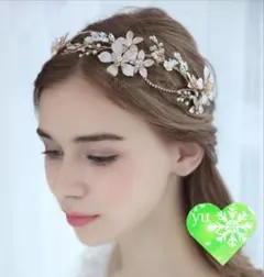 カチューシャゴールド ウェディング花ヘアアクセサリーヘッドドレス新品パールパーツ