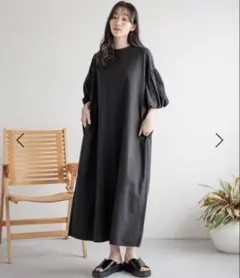 【新品】LOWRYS FARMブラック バルーンスリーブ ロングワンピース