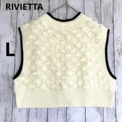 【RIVIETTA】しまむら　ショート丈フリンジニットベスト 白黒Lパイピング