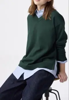 オーバーサイズVネックニットプルオーバーZ ダークグリーン GU Mサイズ