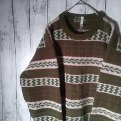 ニット　幾何学模様　ボーダー　緑　茶　オフホワイト　L　太アーム　ゆるダボ　古着