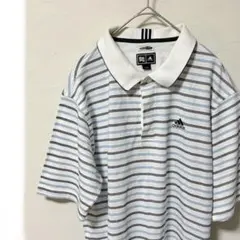adidas CLIMALITE ゴルフ 半袖ポロシャツ 白 ボーダー メンズLのサムネイル