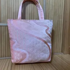 307 帯リメイクバッグ　サーモンピンク？刺繍トートバッグ