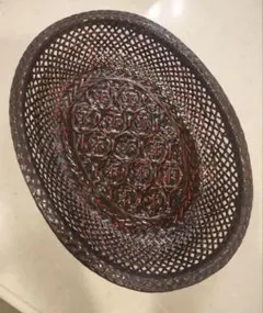 籃胎漆器 お盆　菓子鉢 漆器 菓子器 楕円形 黒赤網目　和インテリア