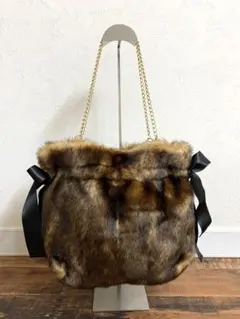 ブラウンファー トートバッグ 黒リボン付き