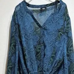 【L】 ワンピース 長袖 ペイズリー柄 青緑 薄手 Vネック インナー付 総柄