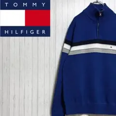 トミーヒルフィガー　ハーフジップ　デザインニット　セーター　刺繍ロゴ　ブルー　M