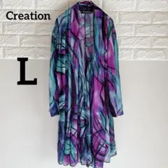 派手✨Creation 【L】チュニック カーディガン総柄 (紫/緑等)メッシュ