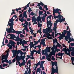 浴衣 キッズ　120 ネイビー　ピンク　リボン　帯付き