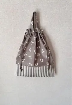 37×30 さくらんぼ くすみグレーストライプ 体操着袋 お着替え袋 巾着袋