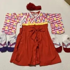 ベビー袴ロンパース 70cm 花ヘアバンド・足袋風靴下二足付
