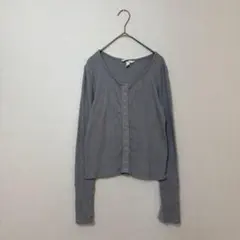 H&M リブニット カットソー M グレー 長袖 フロントボタン 伸縮性