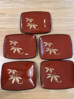 【美品】銘々皿 5枚セット 朱笹 朱塗り 笹柄 和食器 お菓子皿 取皿