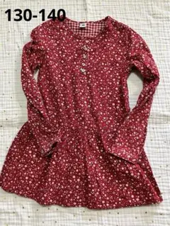 プチバトー 長袖　ワンピース　10ans 138cm チェック　赤　小花柄